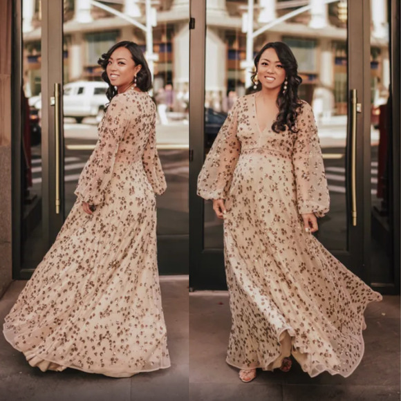 LoveShackFancy Maxi Gown Gold Nude Sequin-Embellished Tulle Janet Dress Sz 0 - Picture 4 of 12